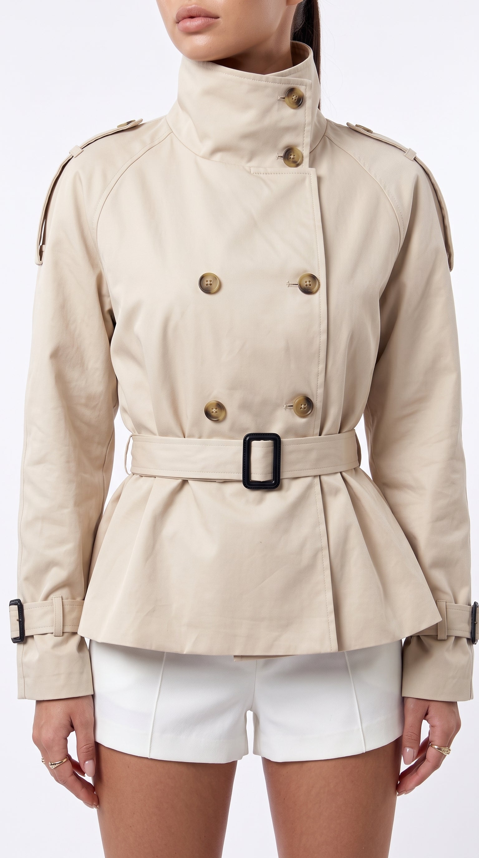 Beige cropped double-breasted belted trench jacket