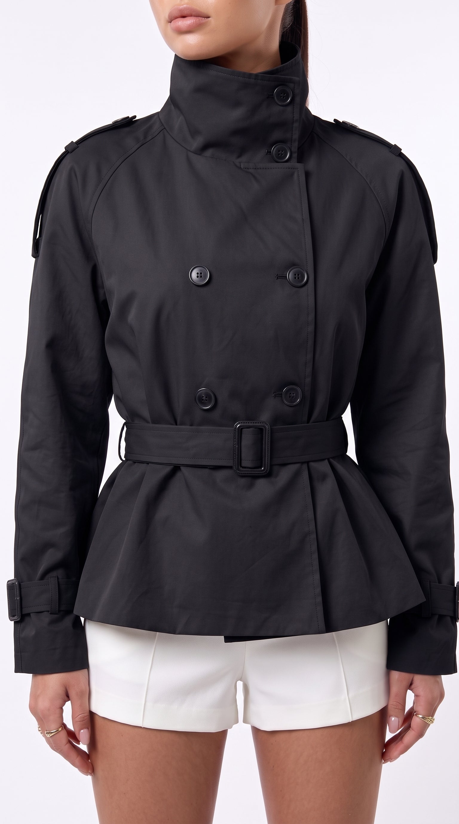 Black cropped double-breasted belted trench jacket