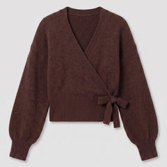 Brown wrap blouse with balloon sleeves and side tie