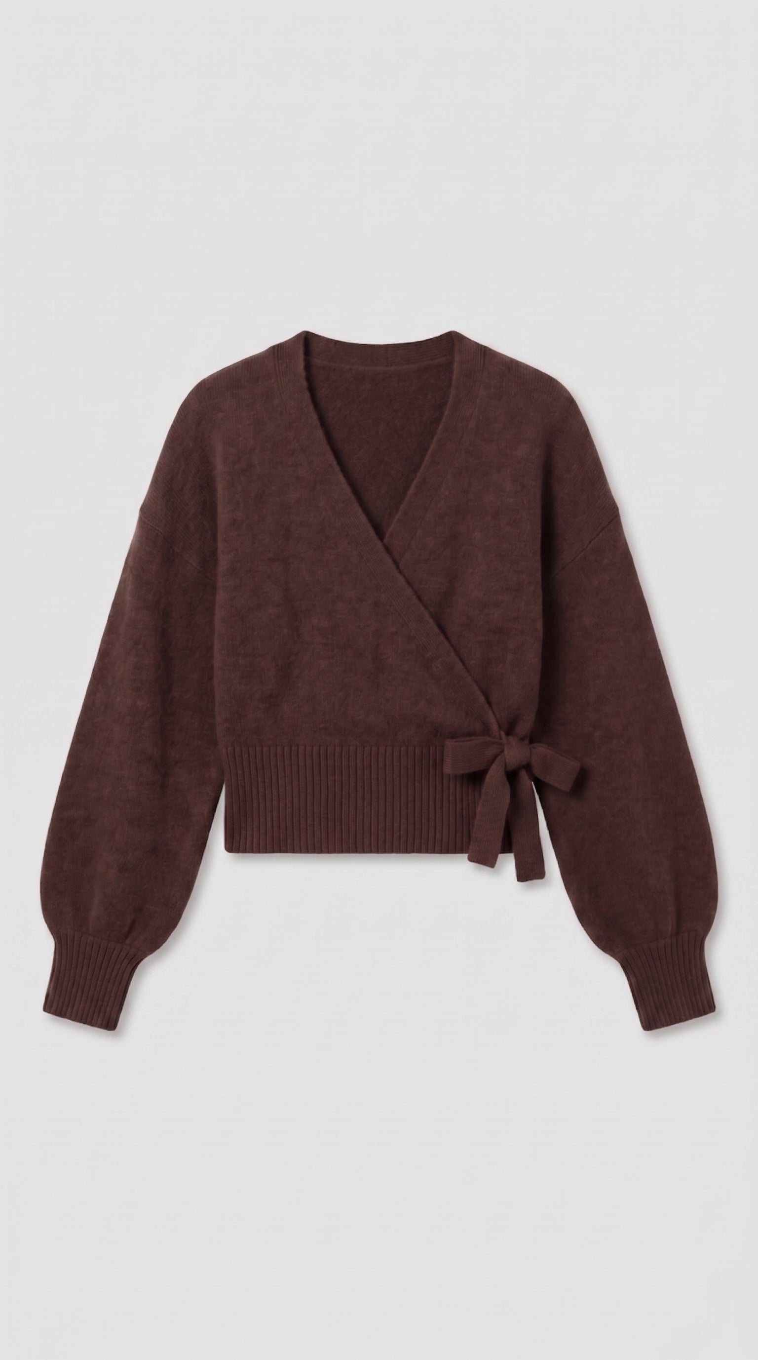 Brown wrap blouse with balloon sleeves and side tie