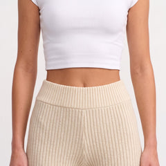 Cream ribbed knit flared trousers