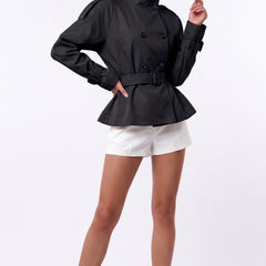 Black cropped double-breasted belted trench jacket