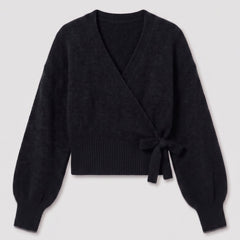 Black wrap blouse with balloon sleeves and side tie