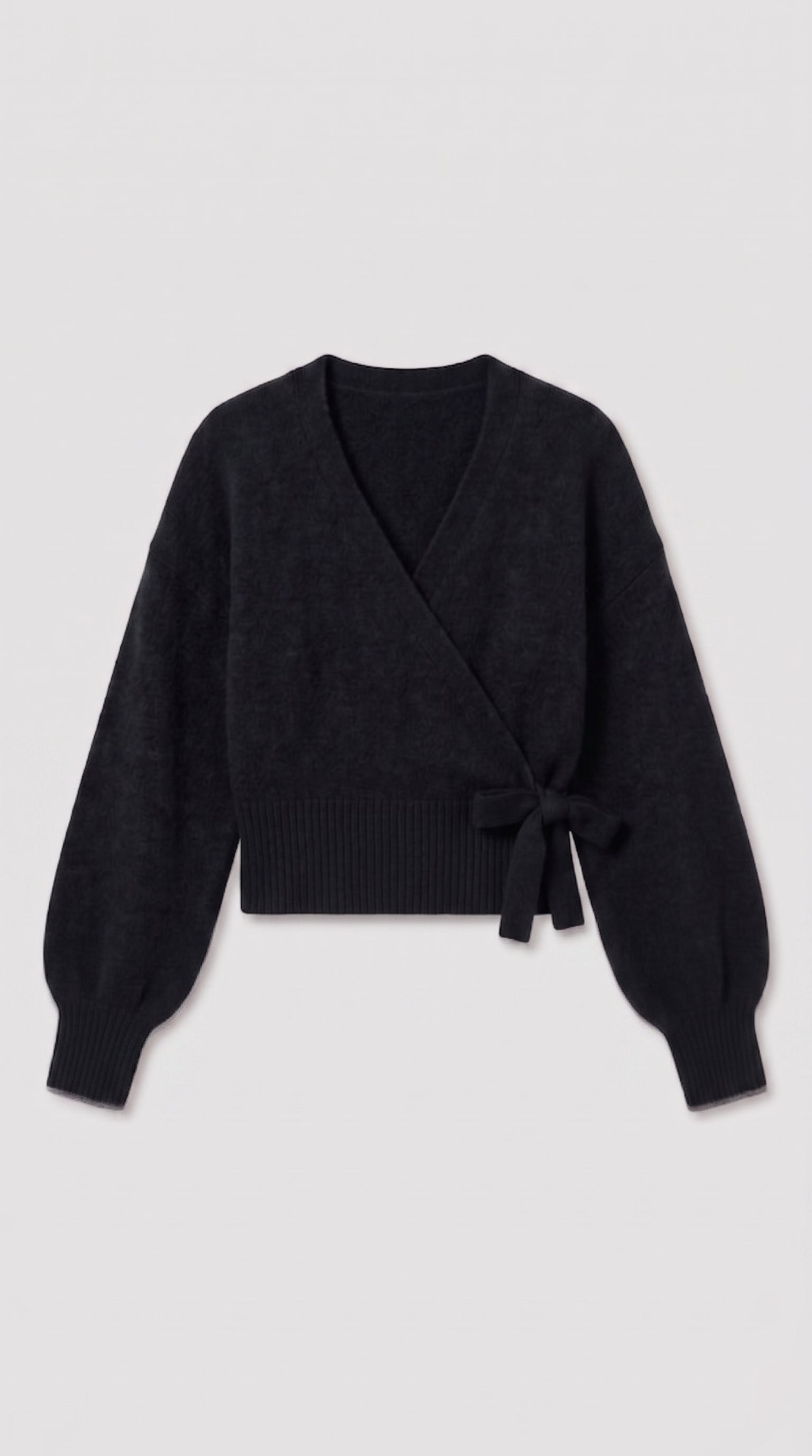 Black wrap blouse with balloon sleeves and side tie