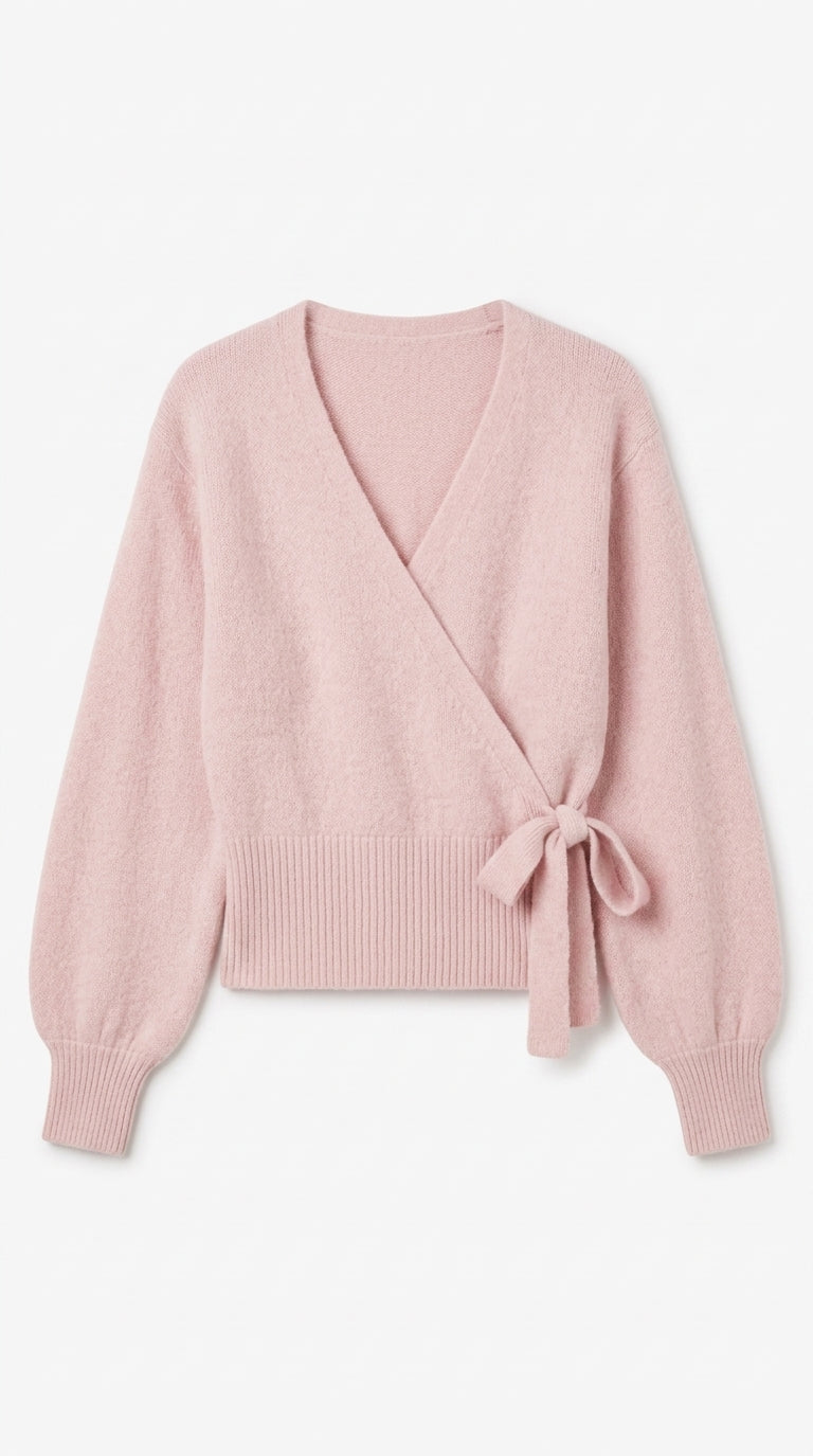 Pink wrap blouse with balloon sleeves and side tie