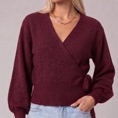 Burgundy wrap blouse with balloon sleeves and side tie