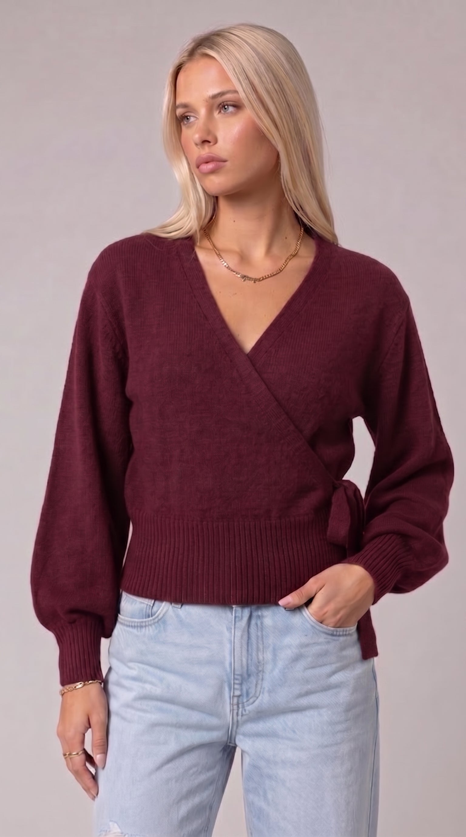 Burgundy wrap blouse with balloon sleeves and side tie