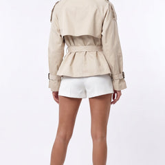Beige cropped double-breasted belted trench jacket