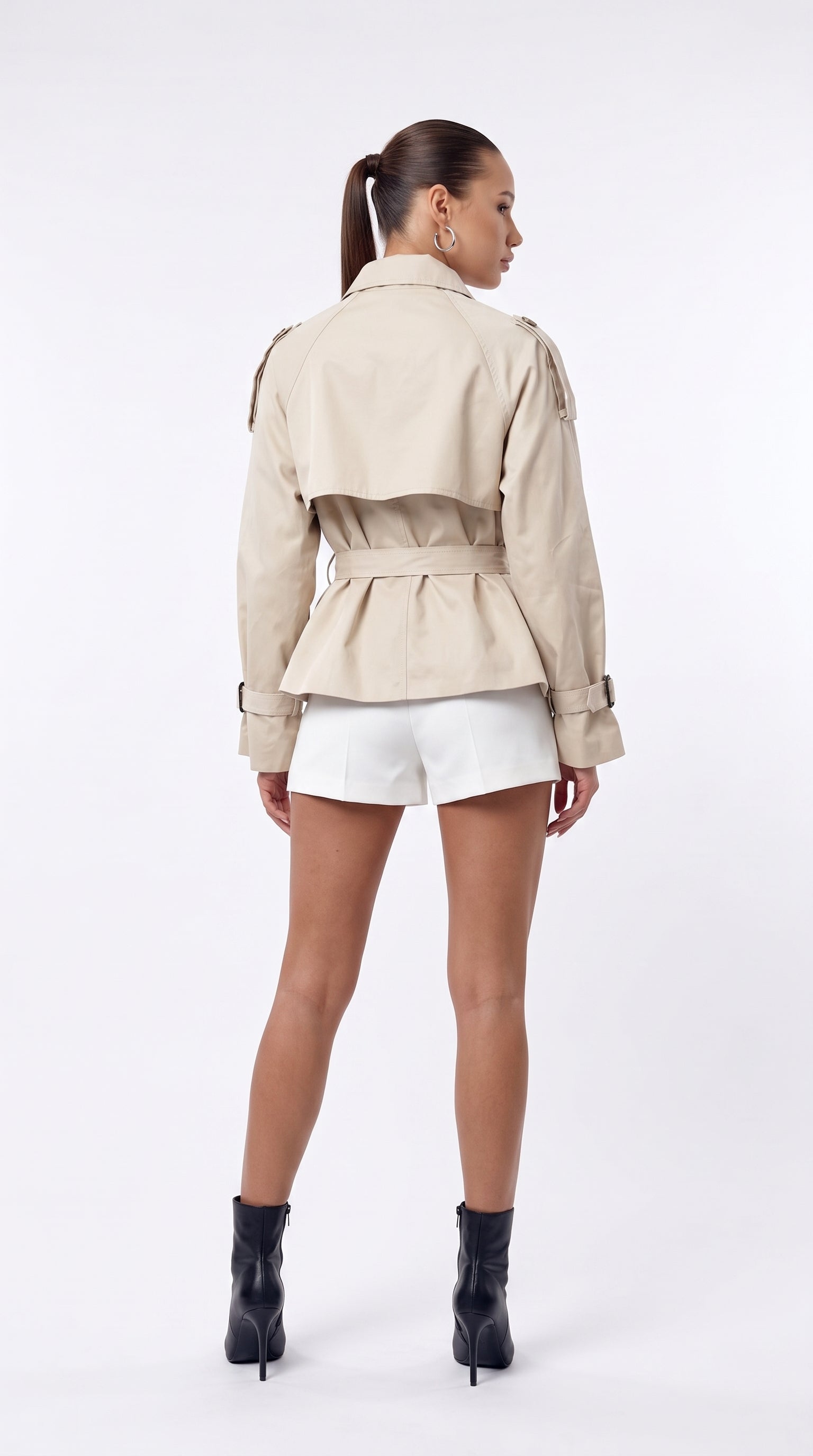 Beige cropped double-breasted belted trench jacket