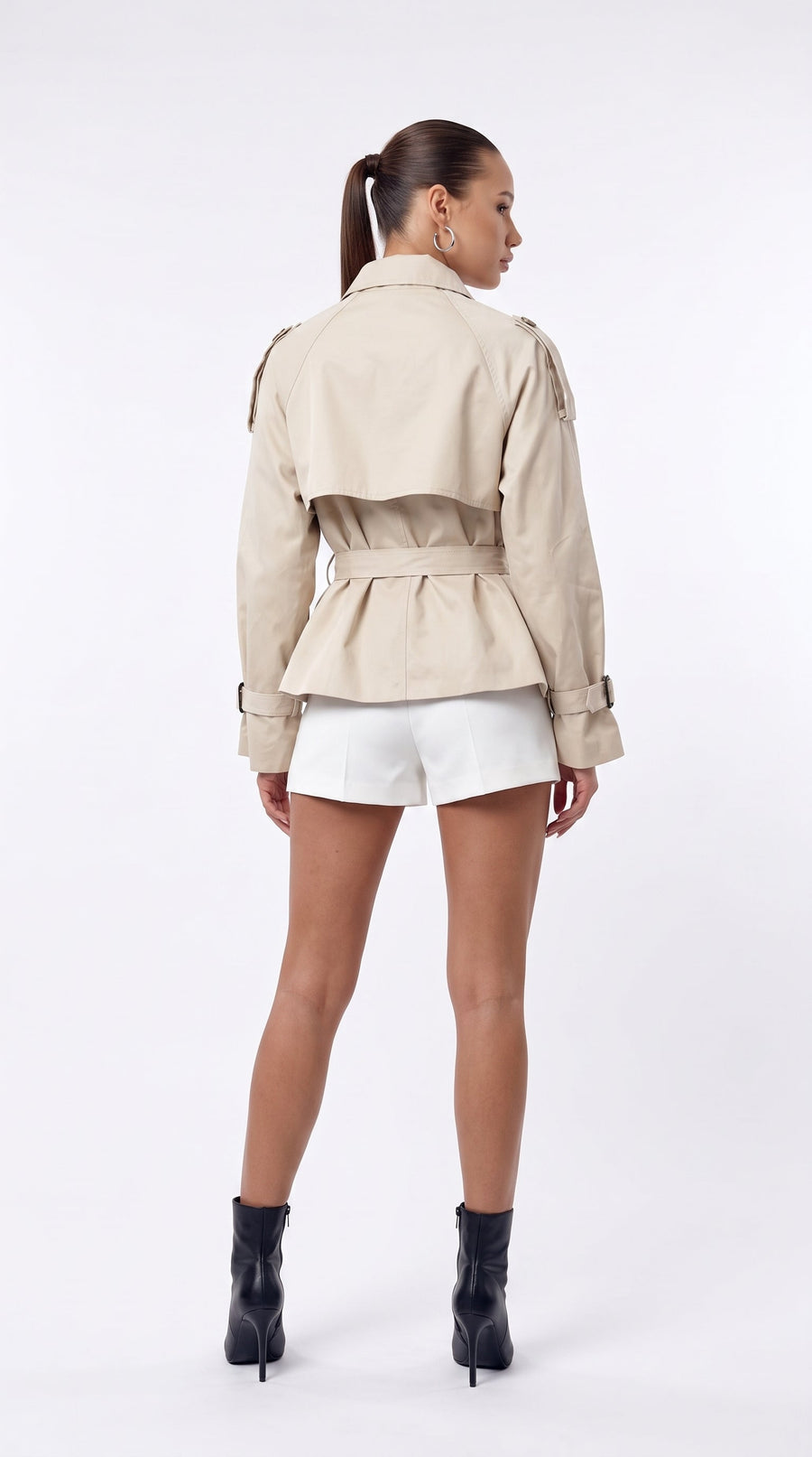 Beige cropped double-breasted belted trench jacket