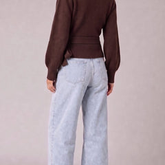 Brown wrap blouse with balloon sleeves and side tie