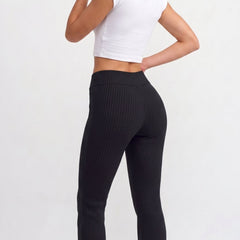Black ribbed knit flared trousers