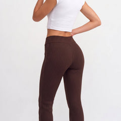 Brown ribbed knit flared trousers