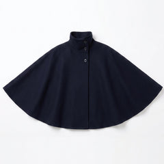 Navy wool-blend cape coat with high collar and tie belt