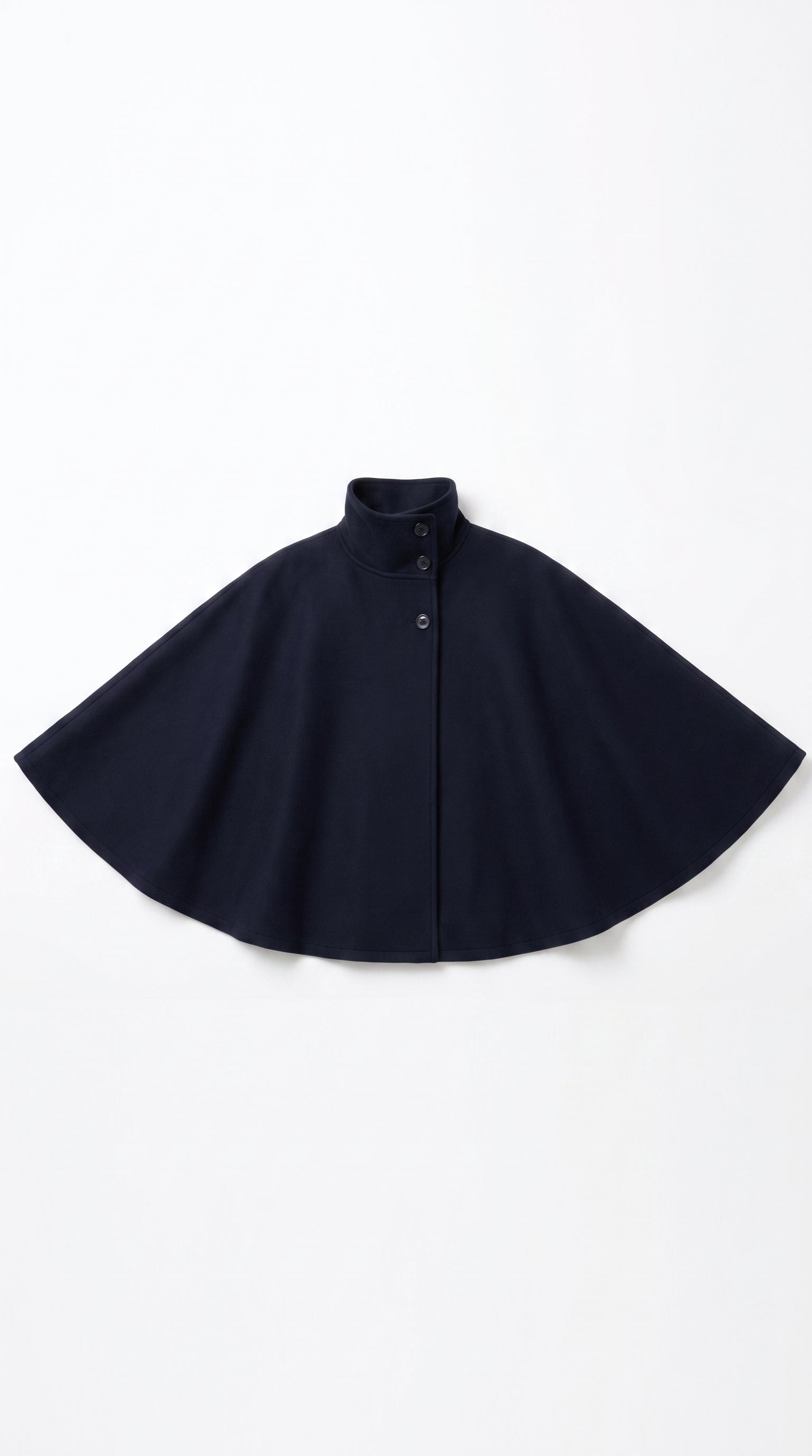 Navy wool-blend cape coat with high collar and tie belt