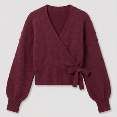 Burgundy wrap blouse with balloon sleeves and side tie