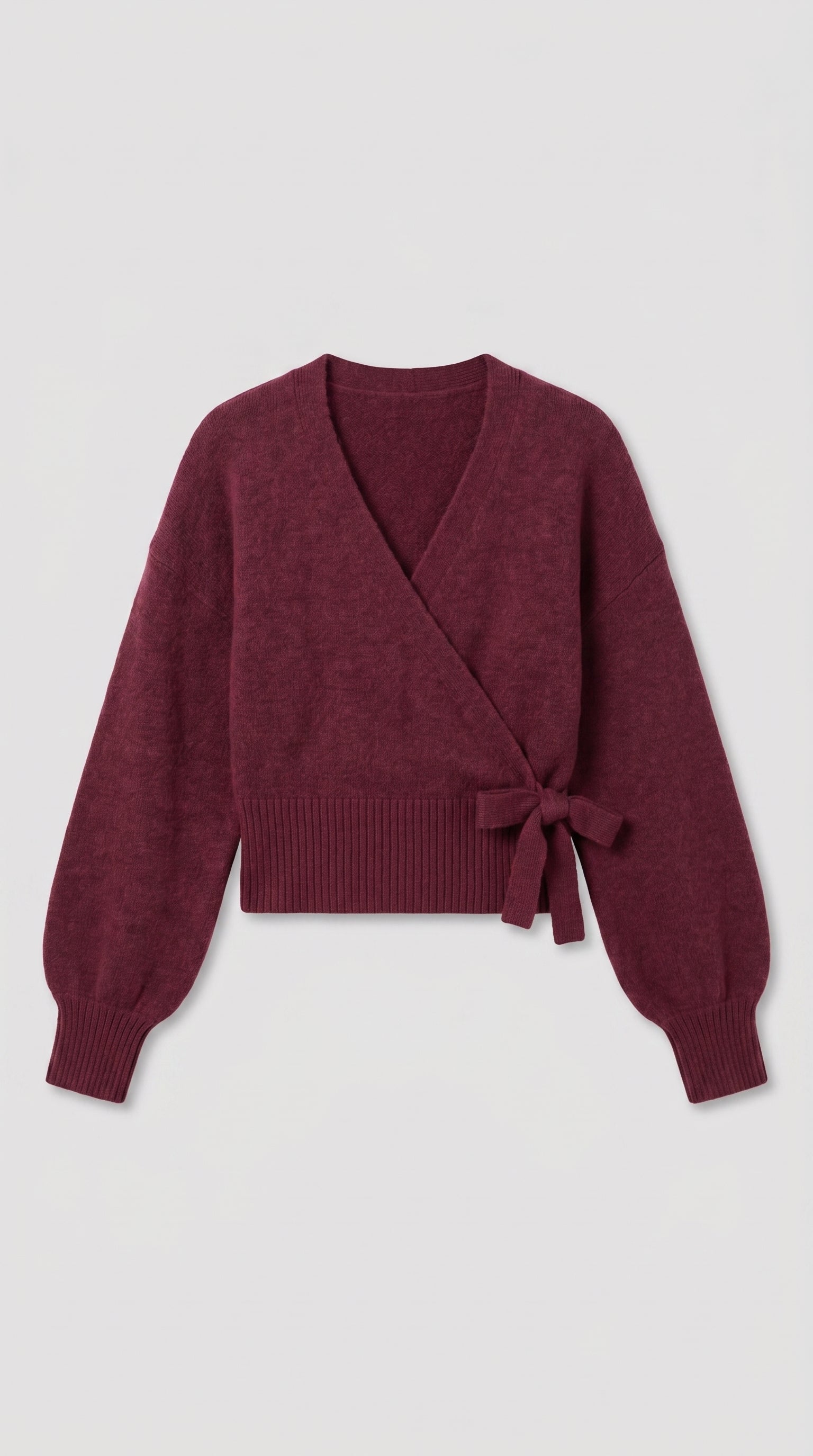 Burgundy wrap blouse with balloon sleeves and side tie