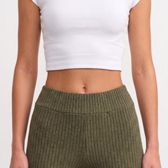Olive ribbed knit flared trousers