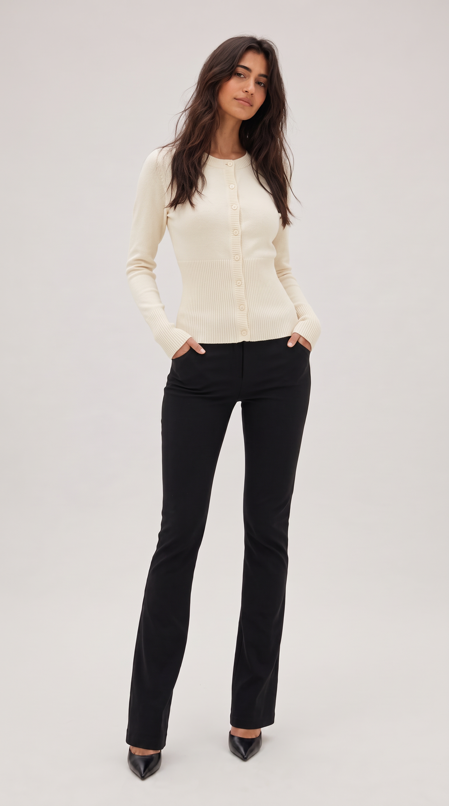Cream cropped ribbed cardigan with button front