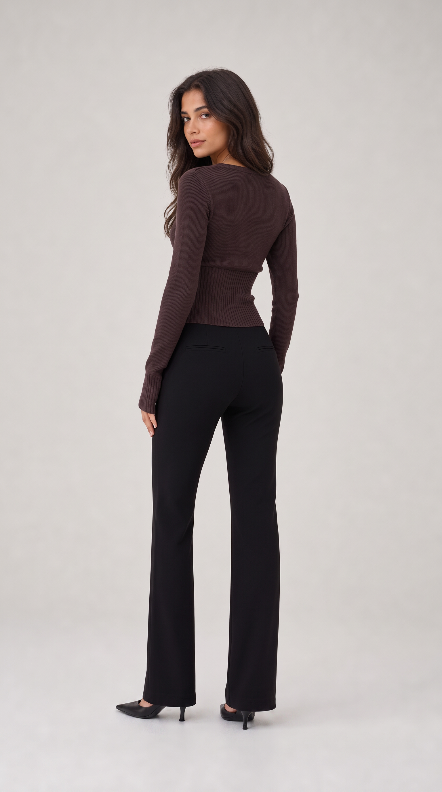 Brown cropped ribbed cardigan with button front