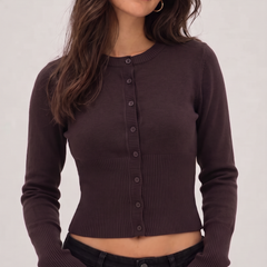 Brown cropped ribbed cardigan with button front