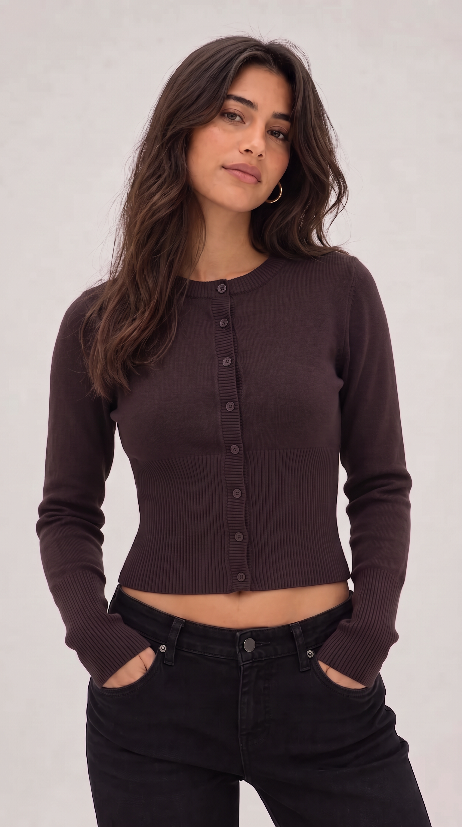 Brown cropped ribbed cardigan with button front