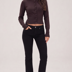 Brown cropped ribbed cardigan with button front