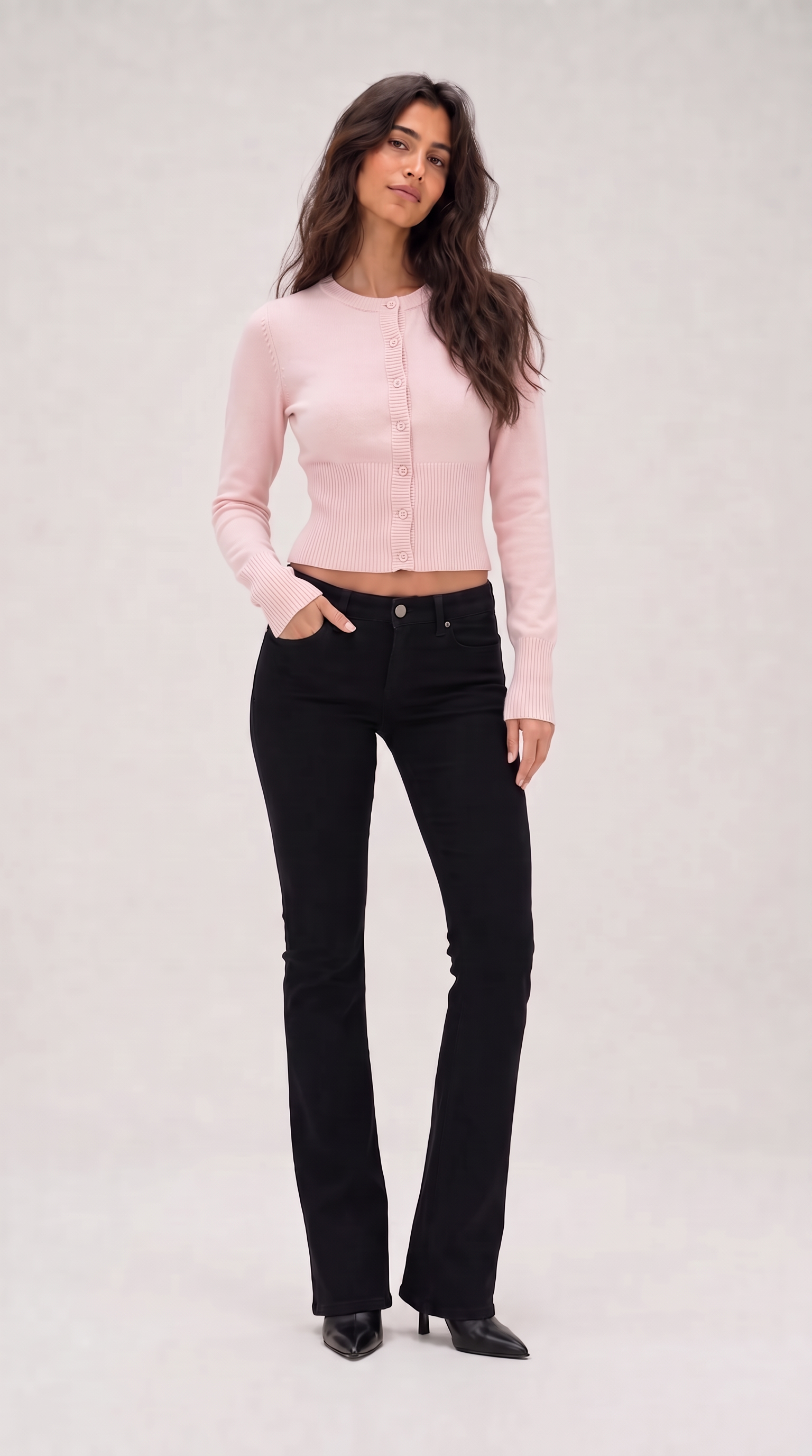 Pink cropped ribbed cardigan with button front