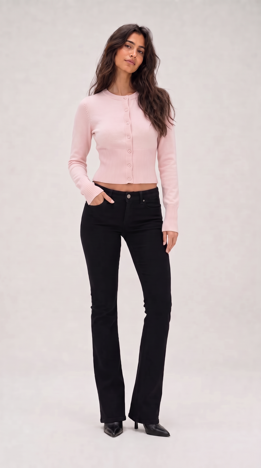 Pink cropped ribbed cardigan with button front