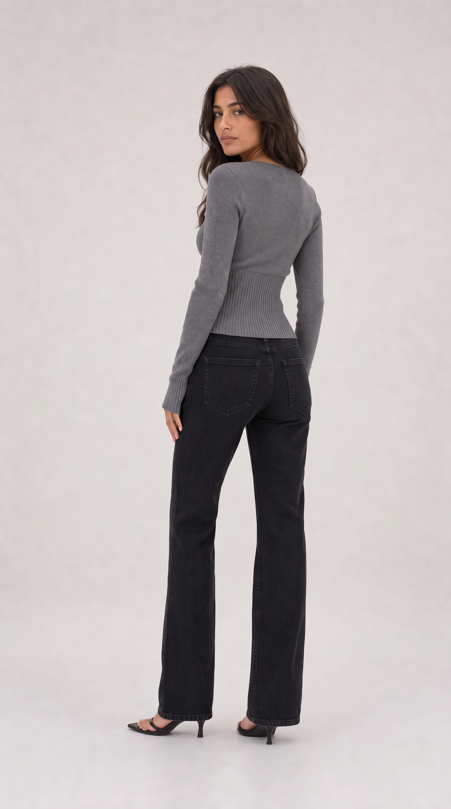 Grey cropped ribbed cardigan with button front