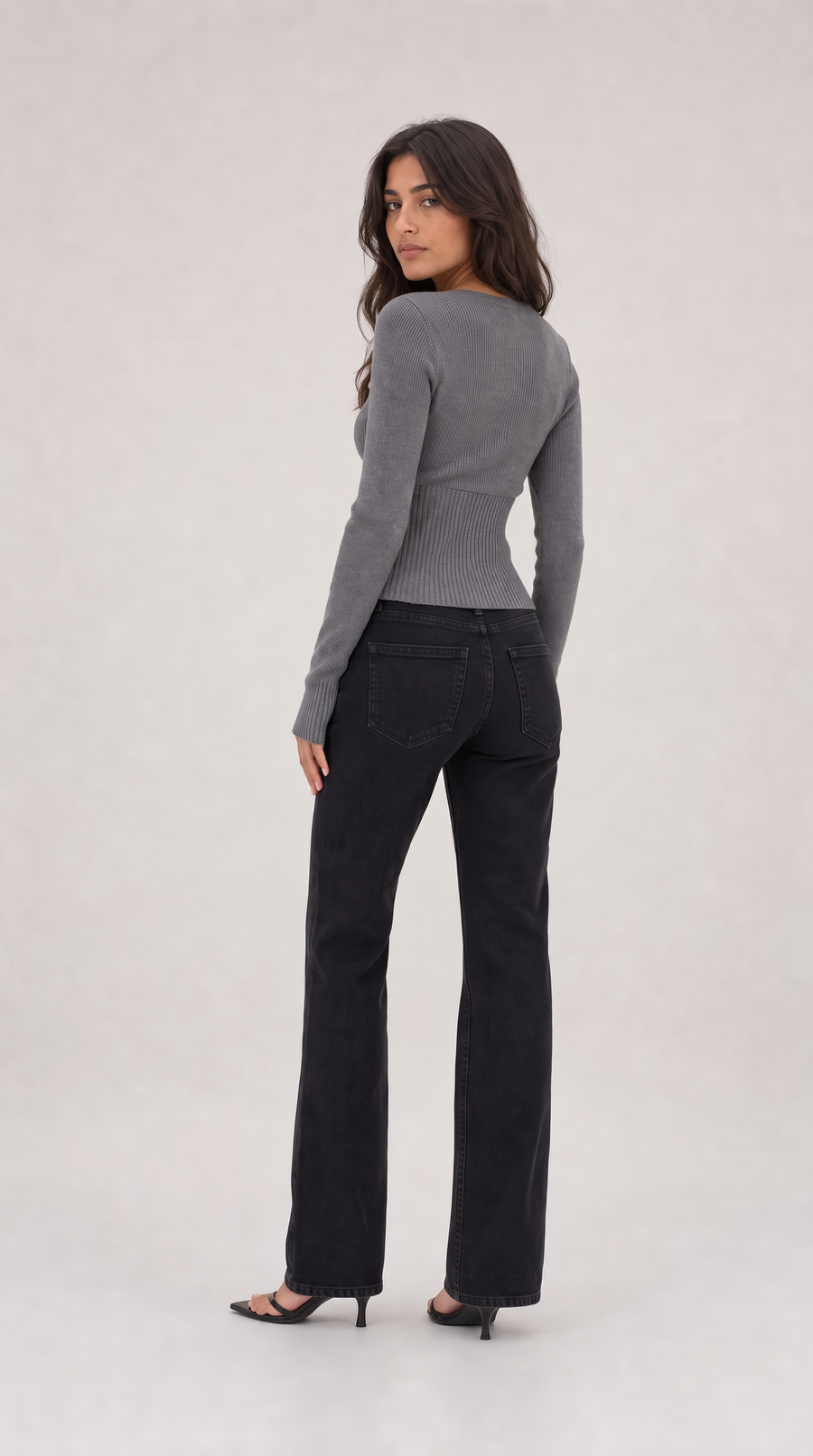 Grey cropped ribbed cardigan with button front
