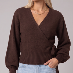 Brown wrap blouse with balloon sleeves and side tie