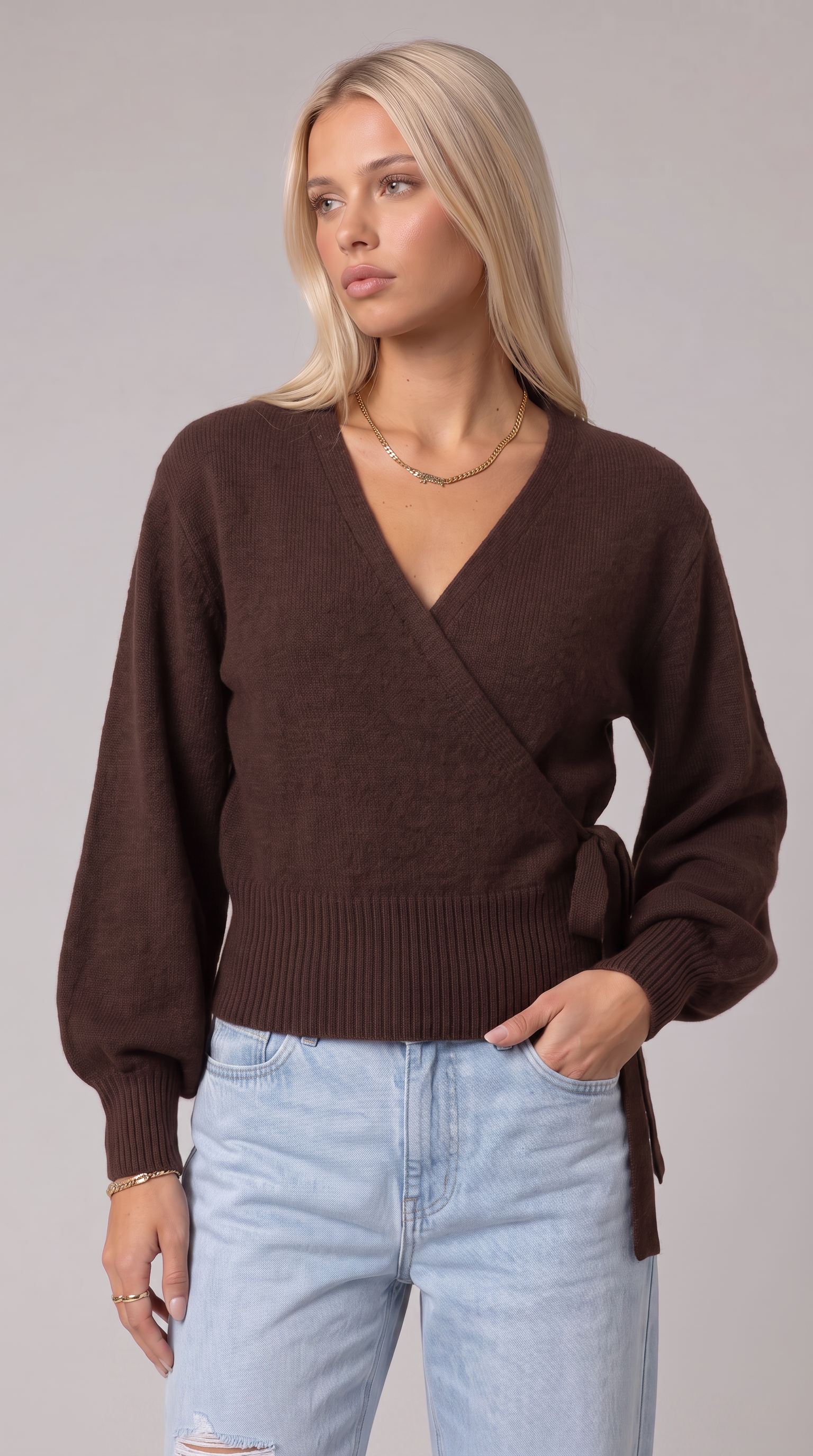 Brown wrap blouse with balloon sleeves and side tie
