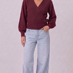 Burgundy wrap blouse with balloon sleeves and side tie