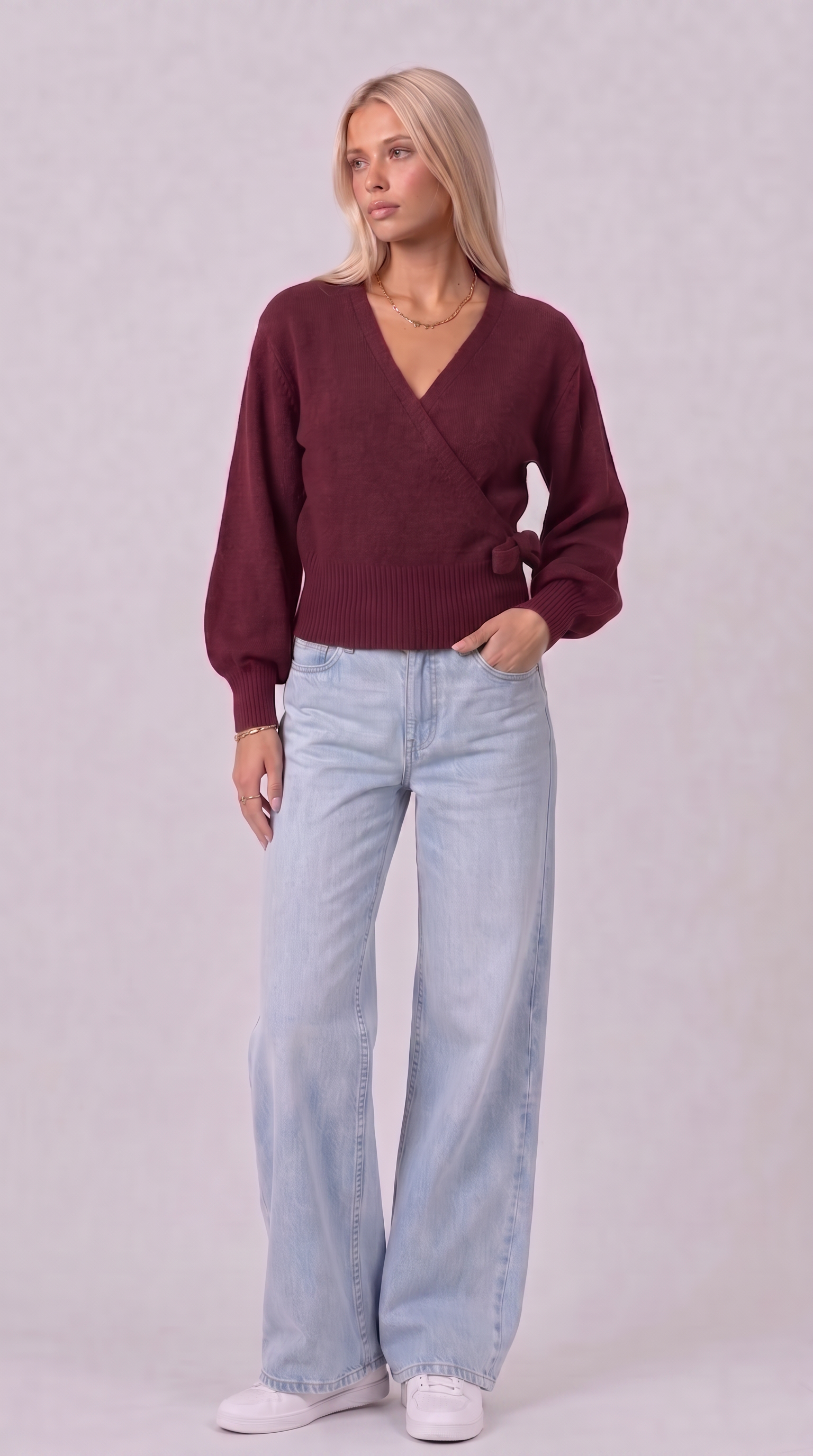 Burgundy wrap blouse with balloon sleeves and side tie