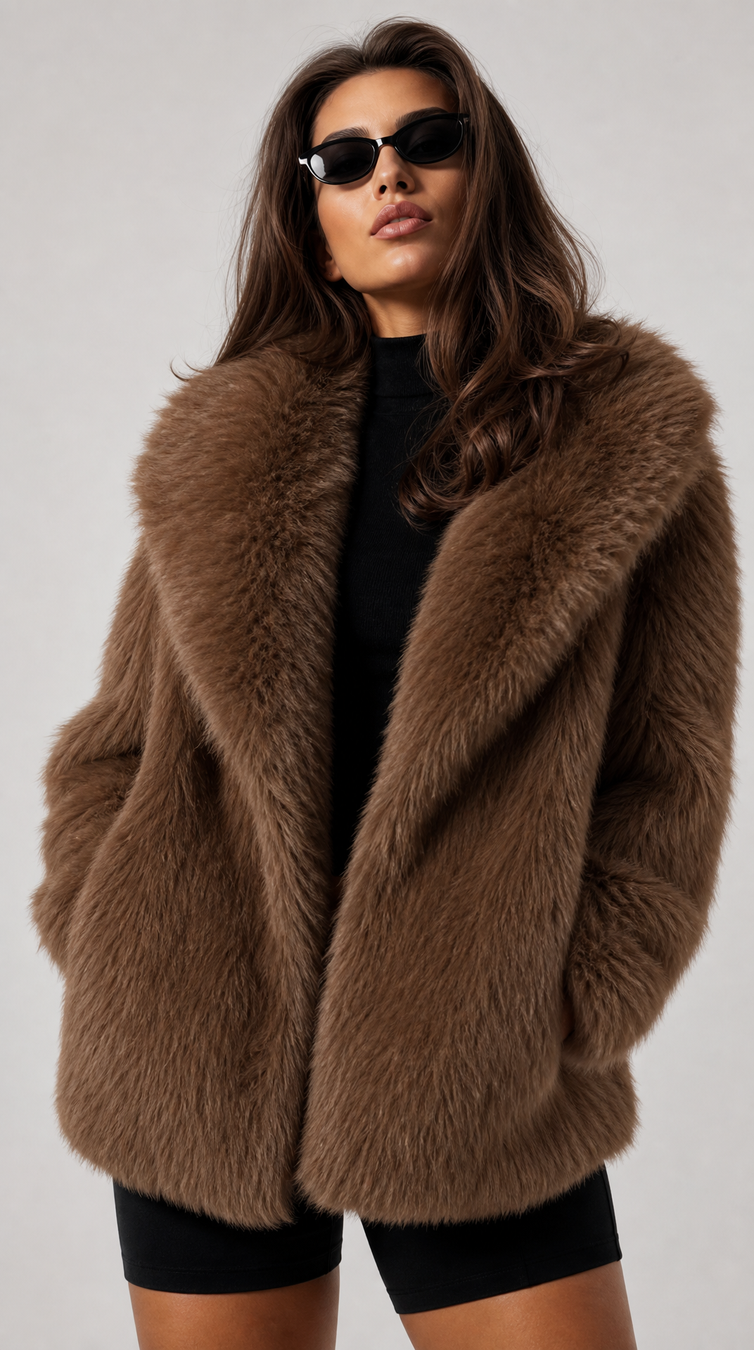 Oversized faux fur jacket with wide shawl collar