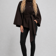 Brown wool-blend cape coat with high collar and tie belt