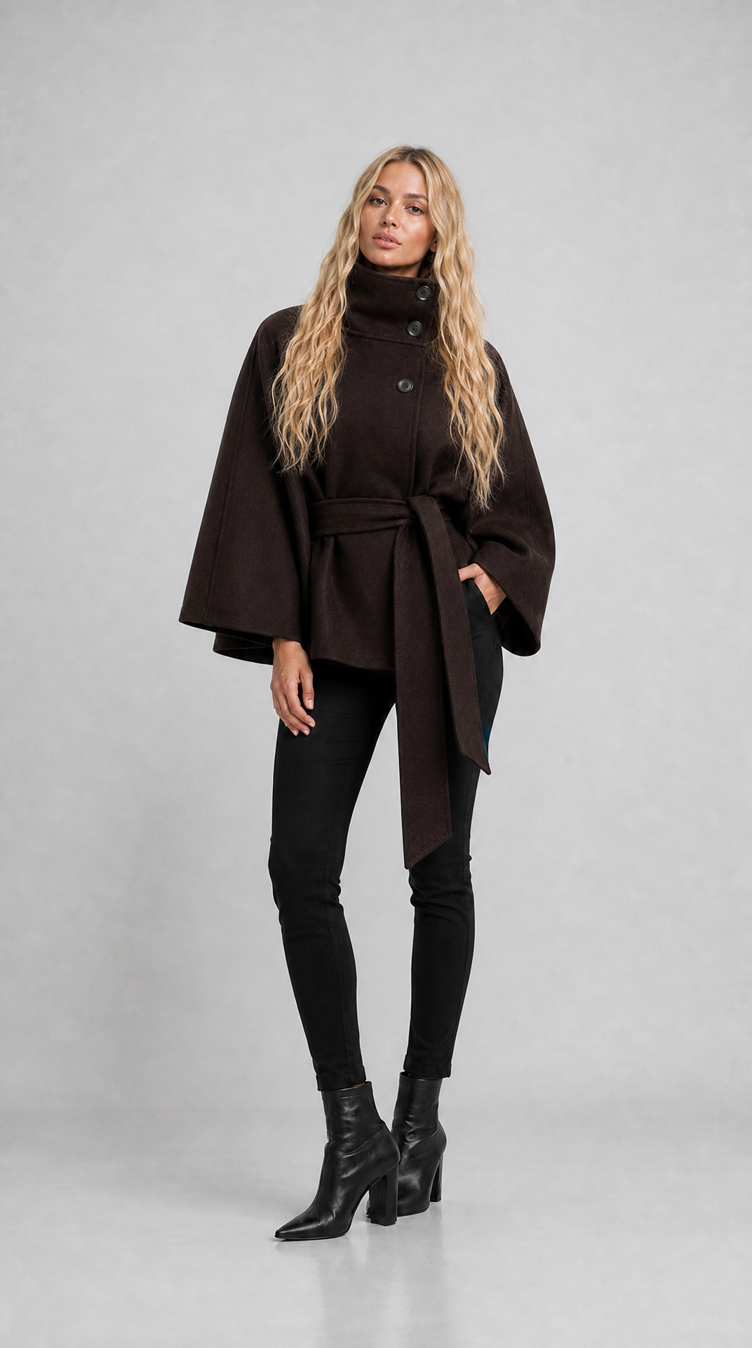 Brown wool-blend cape coat with high collar and tie belt