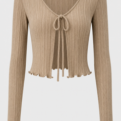 Ribbed wrap cardigan with front tie and scalloped hem