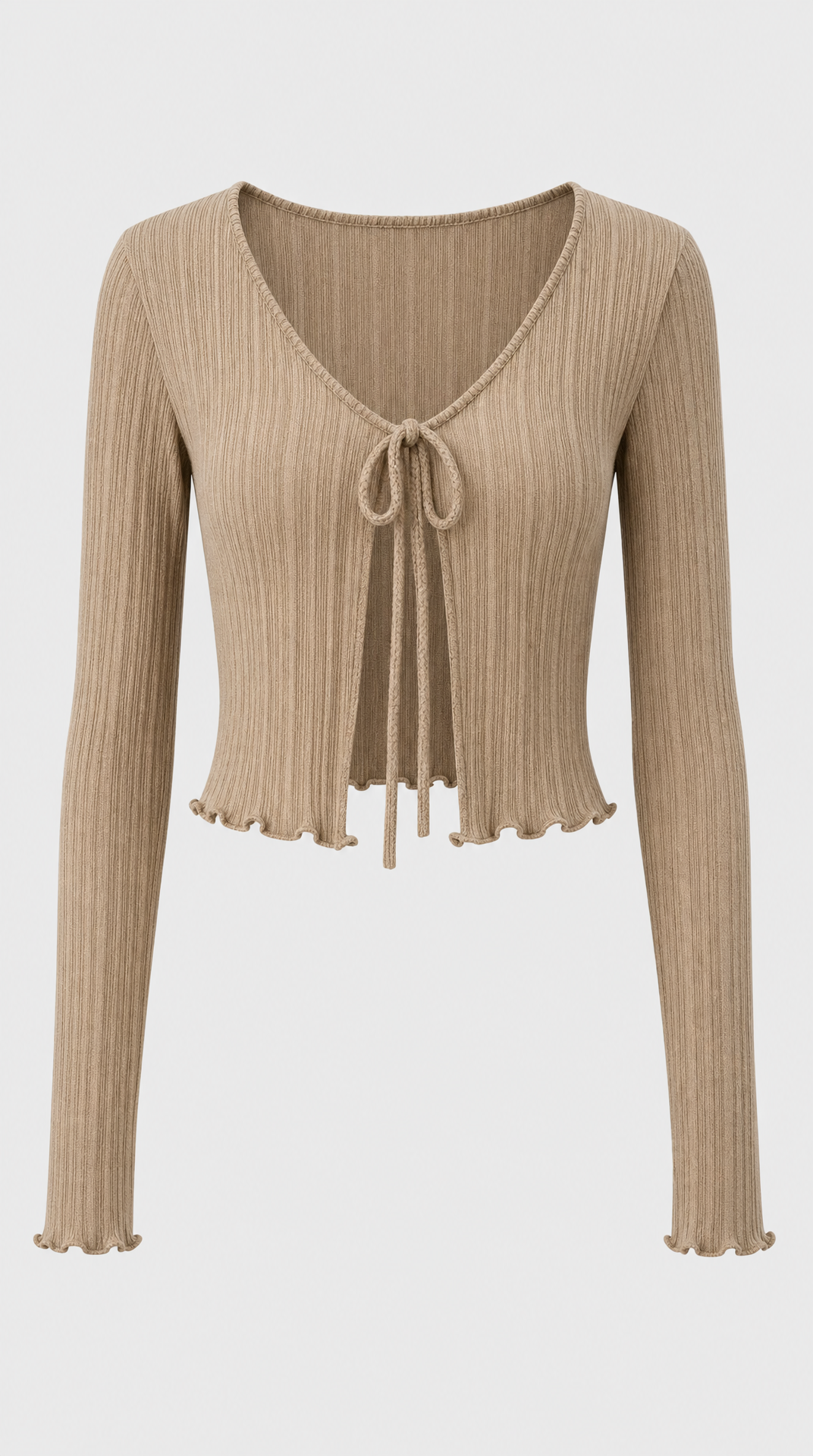Ribbed wrap cardigan with front tie and scalloped hem