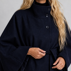 Navy wool-blend cape coat with high collar and tie belt