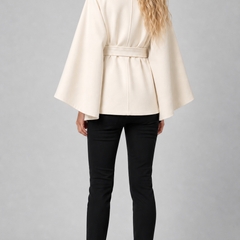 Cream wool-blend cape coat with high collar and tie belt