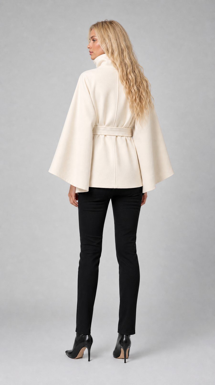 Cream wool-blend cape coat with high collar and tie belt